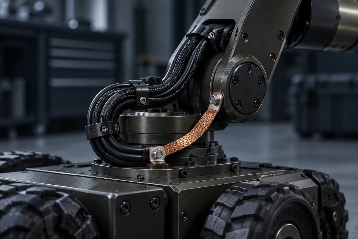 Robot joint with flexible cable routing and a braided copper earthing strap