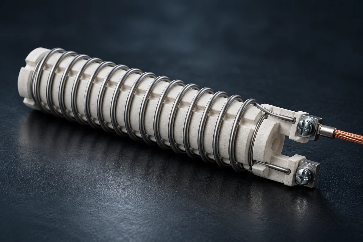Silver-coloured resistance wire formed into a heating coil on a ceramic support